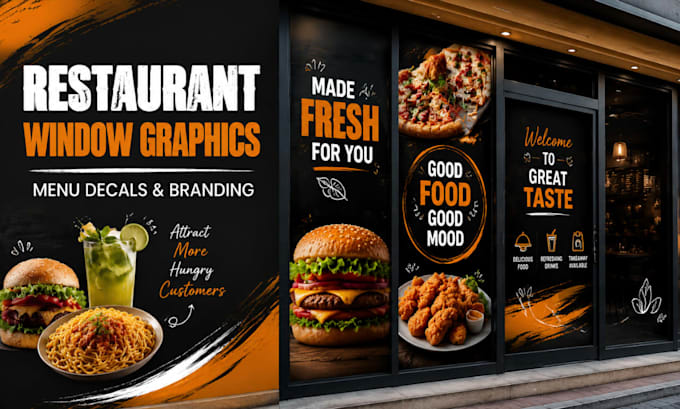 create restaurant window graphics, menu decals, storefront branding design