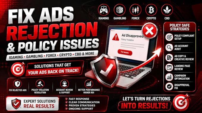 help resolve ads issues for igaming ads, gamble, forex, crypto cbd ads rejection