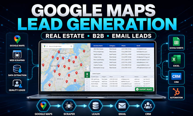 automate, scrape google map lead generation, real estate leads,email lead list