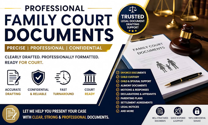 draft divorce petition, custody motion, and family documents, alimony or child