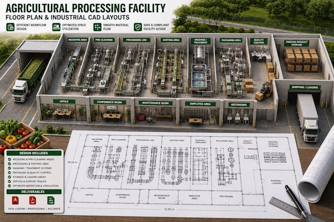 design agricultural processing facility floor plans and industrial cad layouts
