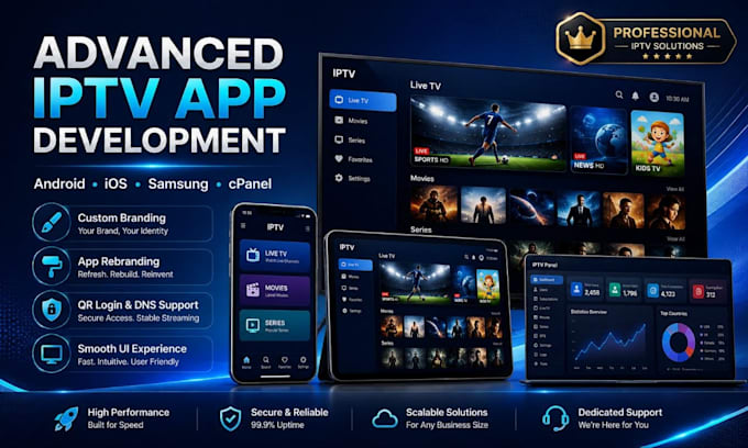 develop advanced iptv apps for android, ios, samsung with cpanel