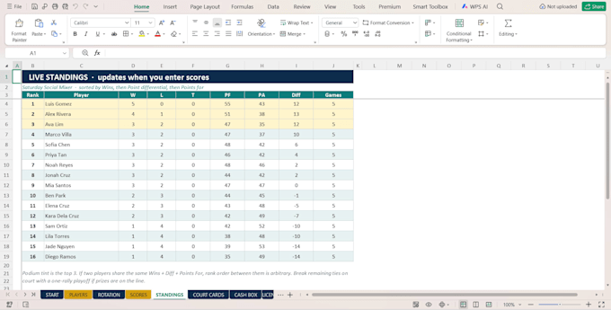 create a pickleball mixer excel sheet with rotations and standings