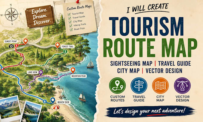 create tourism route map, sightseeing map, travel guide, city map, vector design