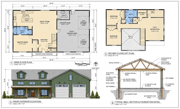 create architectural plans, house plan and construction drawing for barndominium