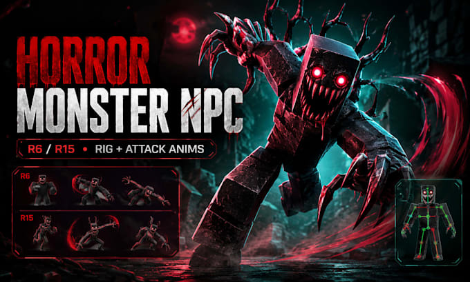 create a rig and animate a roblox horror monster npc with r6 and r15 attacks
