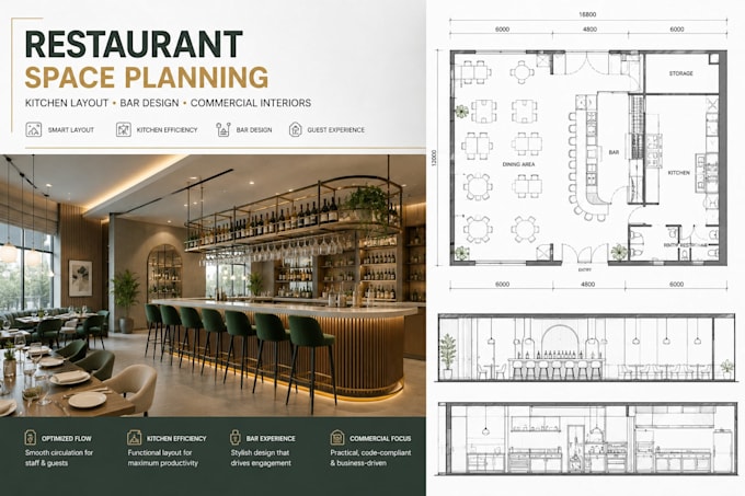 design restaurant space planning, kitchen layout, bar design, interior drawings