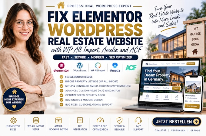 fix elementor wordpress real estate website with wp all import, amelia and acf