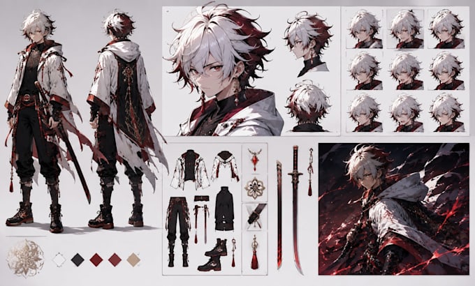 create anime character design, character sheet and expression sheet