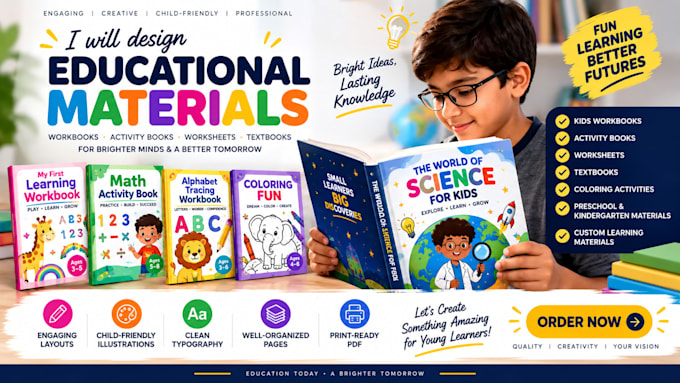 design kids workbook, educational workbook, activity book and learning materials