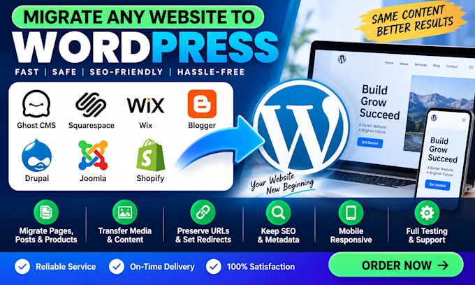 migrate ghost cms squarespace wix blogger drupal joomla shopify seo to wordpress