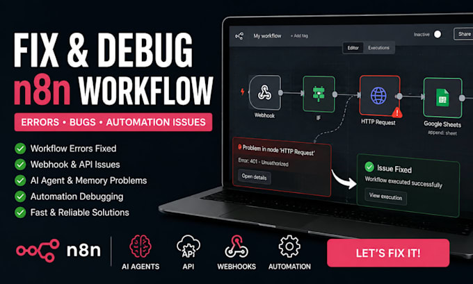 fix and debug n8n workflow errors, failed executions and automation bugs