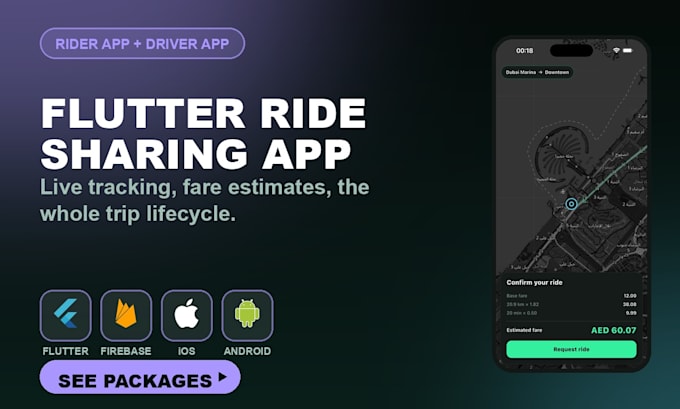 build a flutter ride sharing app and taxi app, rider and driver apps