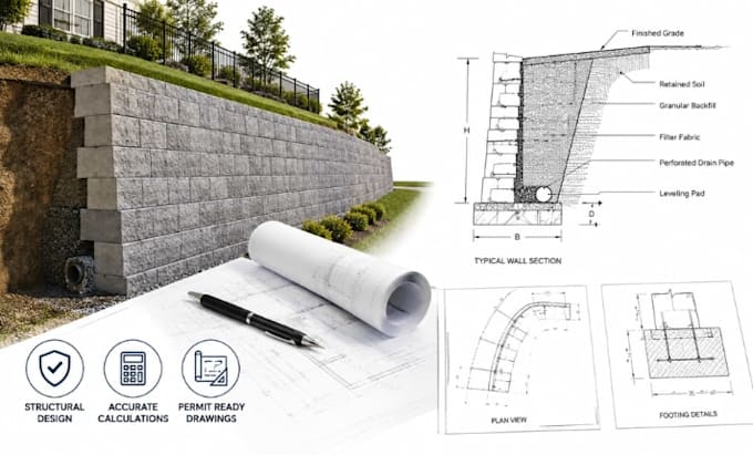 design retaining wall structural calculations and drawings for you