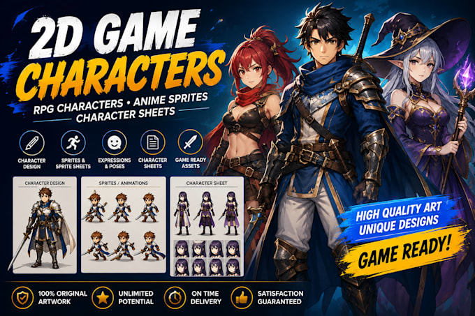 design 2d game characters, rpg characters, anime sprites and character sheets