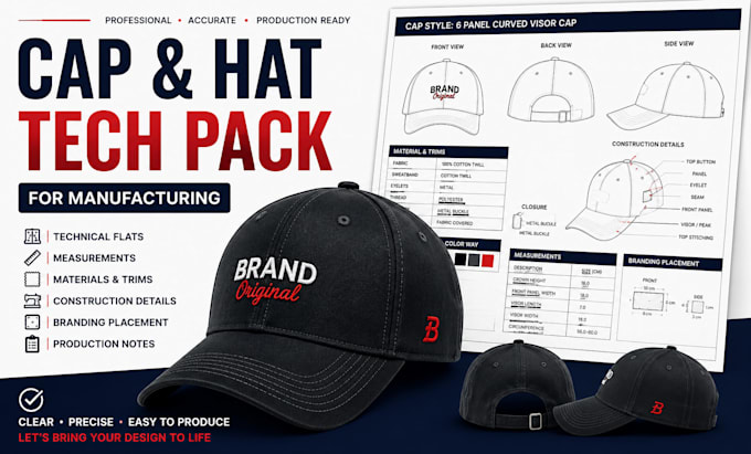 create cap and hat tech pack for manufacturing