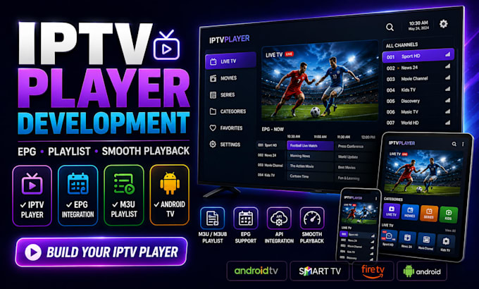 build iptv player with epg and playlist integration for android TV