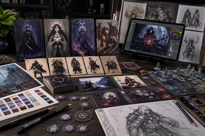 create custom illustrations for board games, cards, tarot and tabletop game