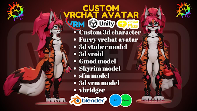 create custom vrchat avatar, furry avatar, 3d nsfw model, vr character, pc quest