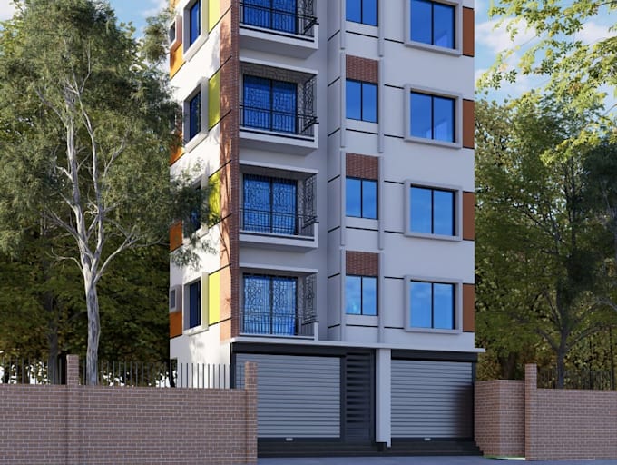 3d front elevation threshold building,rooftop garden terrace,ground floor shops