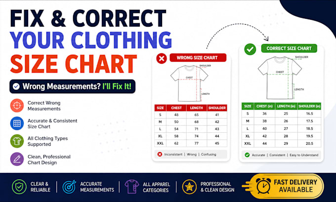 fix and correct your clothing size chart and wrong size measurements