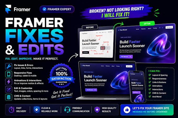 fix, edit and customize your framer website or framer template