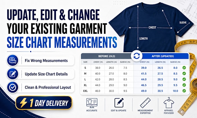 update edit and change your existing garment size chart measurements