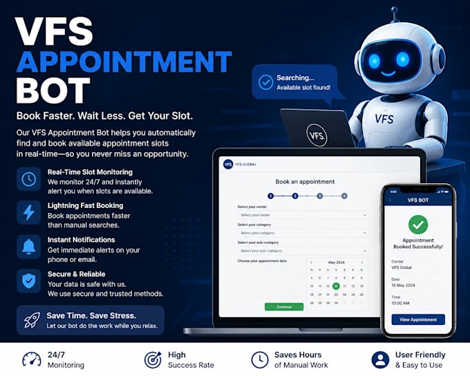 develop booking appointment bot,vfs slot watchers bot,booking bot