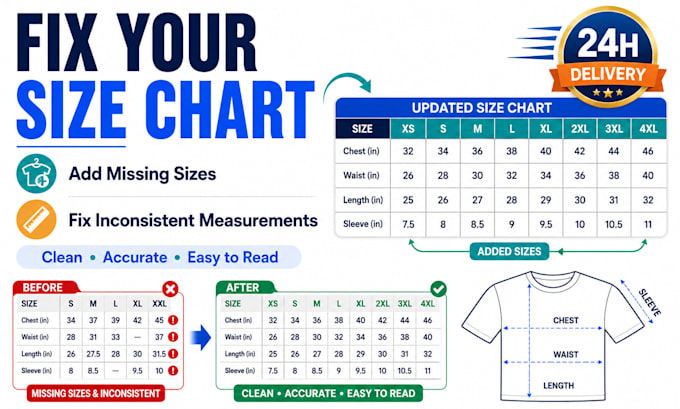 add missing sizes and fix inconsistent measurements in your size chart