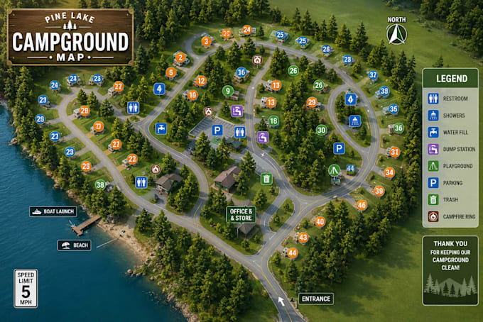 create a campground map, wayfinding, campus map and rv park map