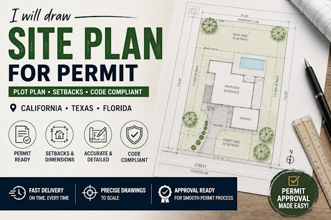 draw site plan for permit, plot plan setbacks, california texas florida