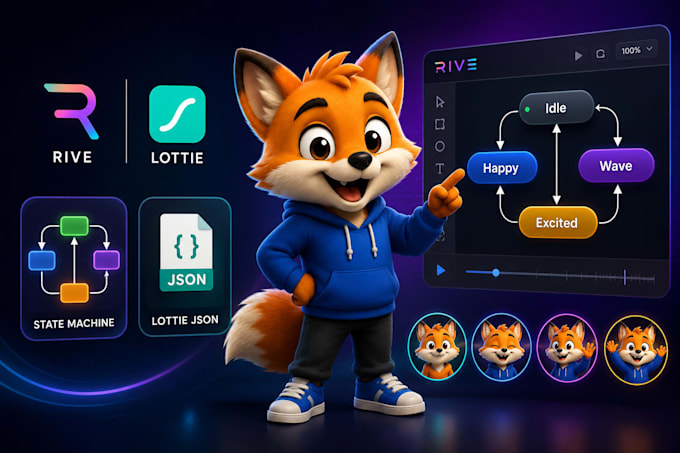 animate your mascot character in rive with state machine or lottie json ready