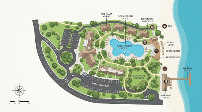 design custom resort map, tourist map,travel map, visitor map and wayfinding map