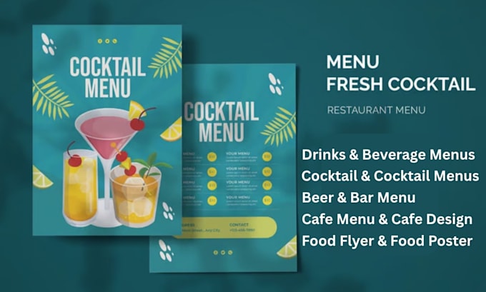 design drinks cocktail beer juice iced coffee latte matcha smoothie flyer menu
