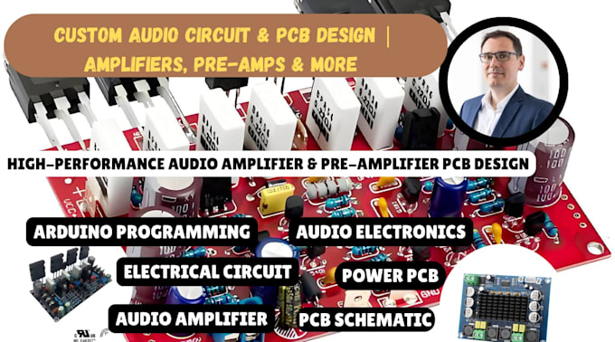 do a schematic and pcb, power audio amplifiers, pre amplifiers