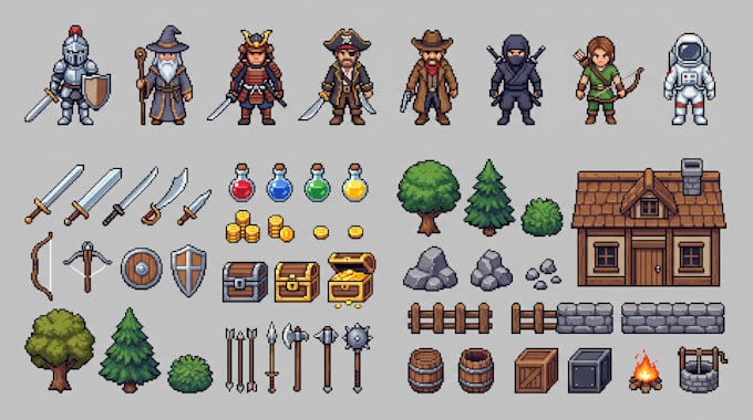 create pixel game assets 2d game assets pack pixel art props sprite ui game art