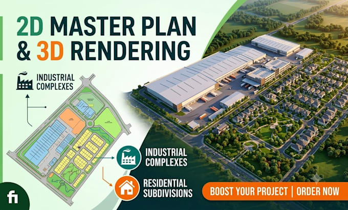 create 2d site master plan and 3d industrial or residential rendering