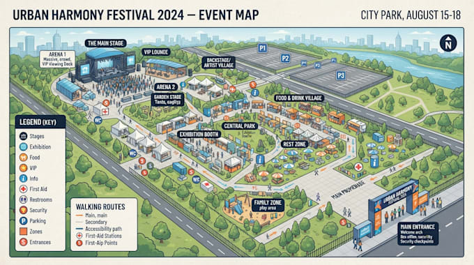 create 3d vector isometric map, 2d flat map illustration and park map, event map