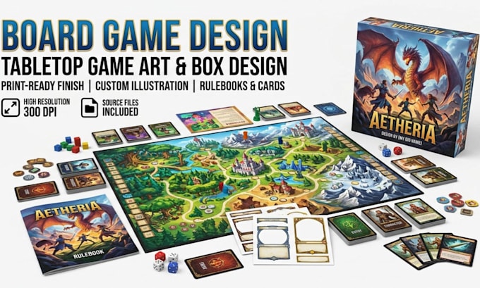 do custom board game design, tabletop game illustration, and box art