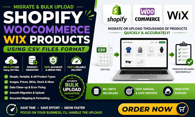 migrate and bulk upload shopify woocommerce wix products using CSV files format