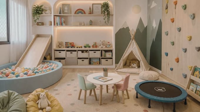 design a beautiful kids room, nursery, playroom with 3d rendering