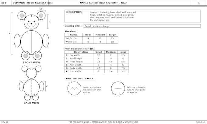 create custom plush sewing pattern, plush reference sheet and tech pack