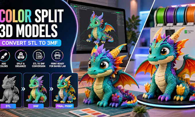 color split 3d models, design multicolor model, convert stl to 3mf for bambu lab