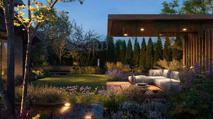 design 3d backyard landscape with garden patio pool terrace deck rendering