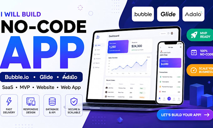build no code app, bubble io website app glide with bubble io, adalo,  saas, mvp