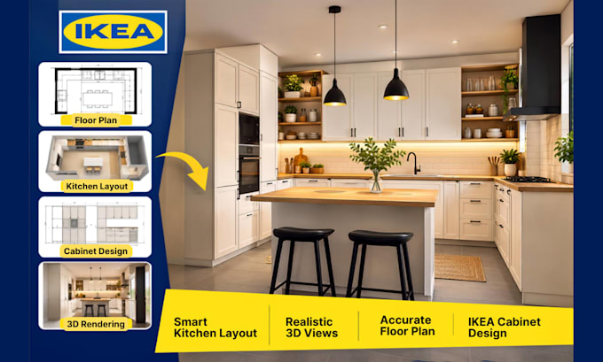 redesign your ikea kitchen with cabinets, layout, floor plan and 3d rendering