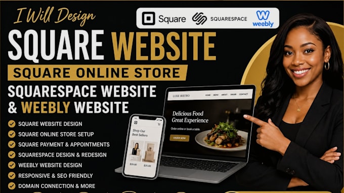 design square website, square online store, squarespace website and weebly