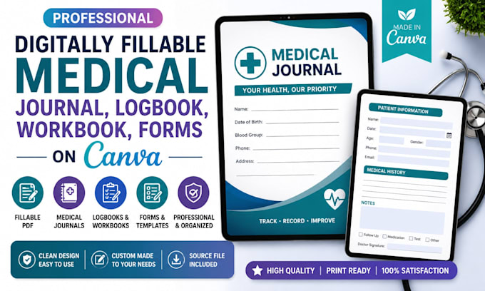 do digitally fillable medical journal, logbook, workbook forms on canva