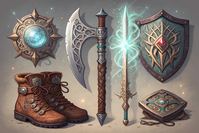 draw custom fantasy dnd weapons art and props