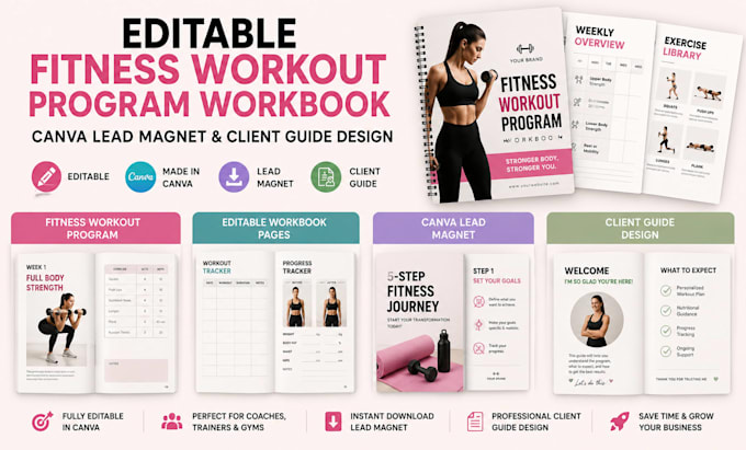 editable fitness workout program workbook canva lead magnet client guide design
